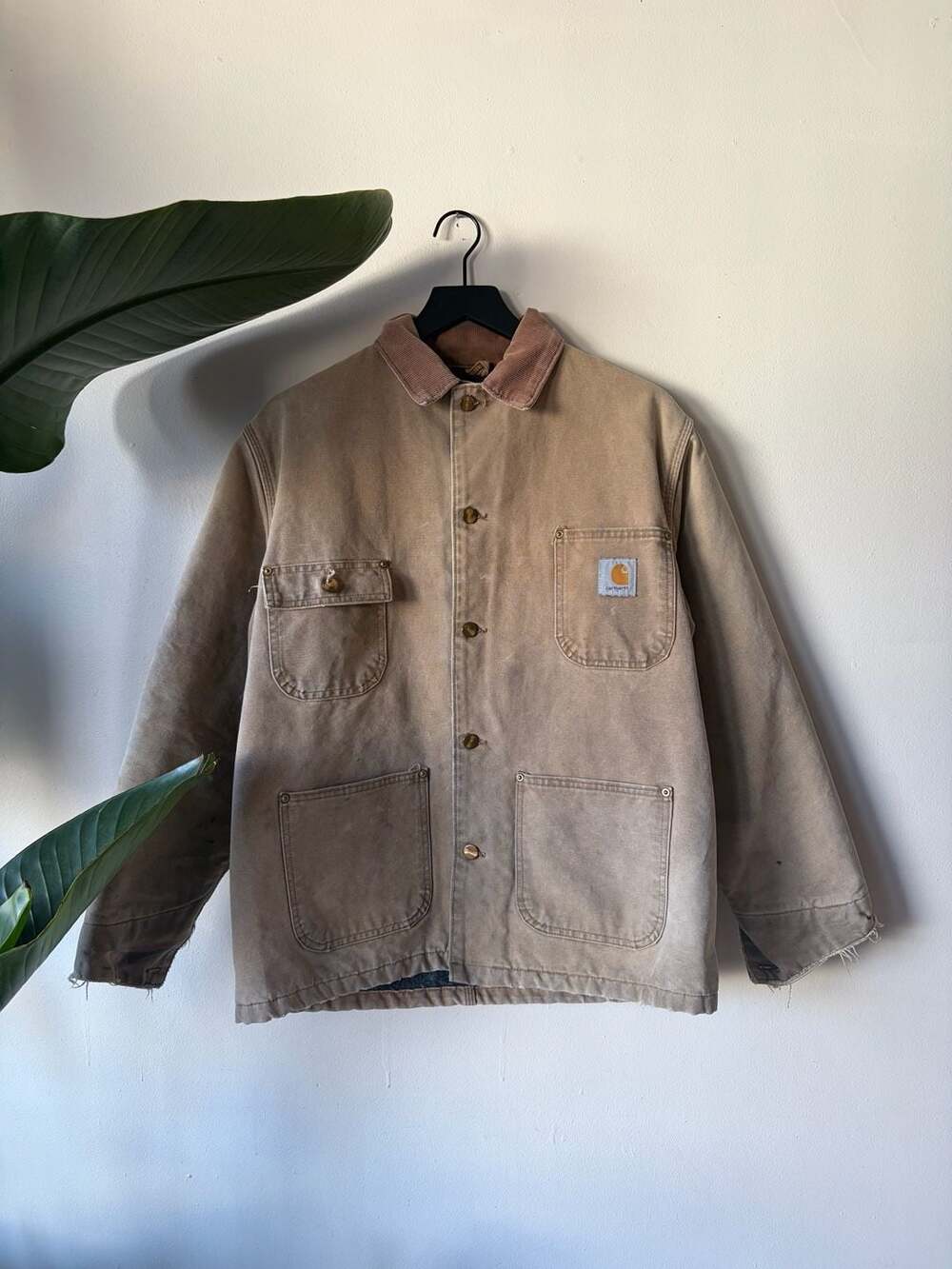 Vintage Carhartt Tan Duck Canvas Blanket Lined Chore Jacket with Corduroy Collar